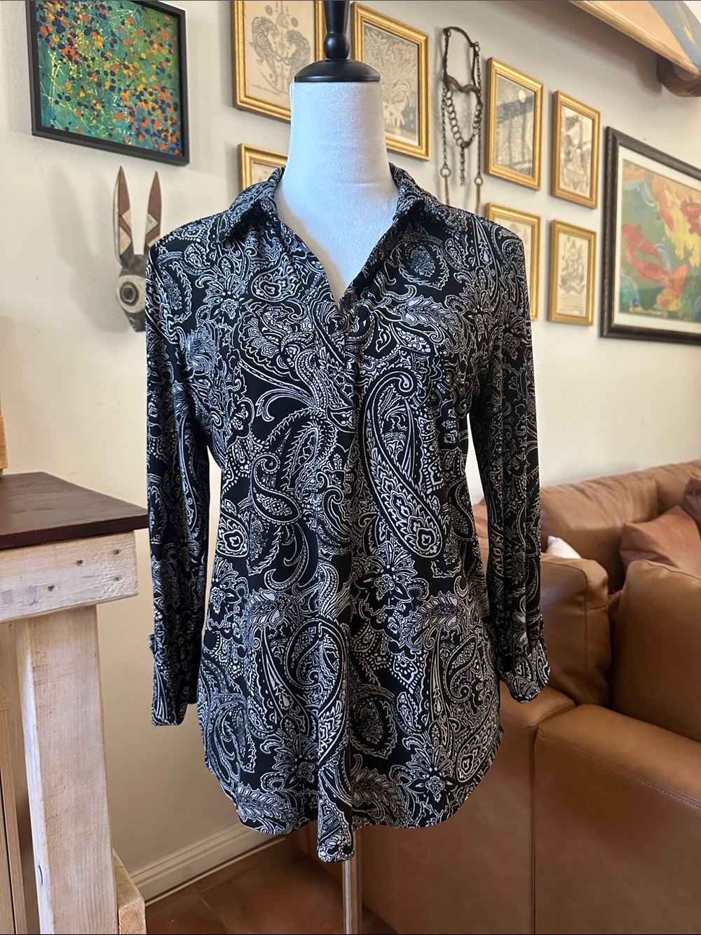 Jones New York Black & White Paisley Button-Down Shirt